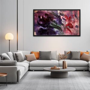 Modern Abstract Calligraphy - Deep Purple & Crimson Red - Hand-Painted Panoramic Canvas Art 24x36 inches