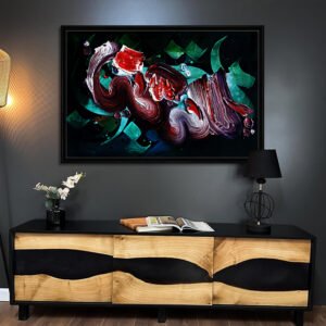 Abstract Islamic Calligraphy with Crescent Moon - Deep Red & Emerald Green - 3D Textured Hand-Painted Canvas Art 26x20