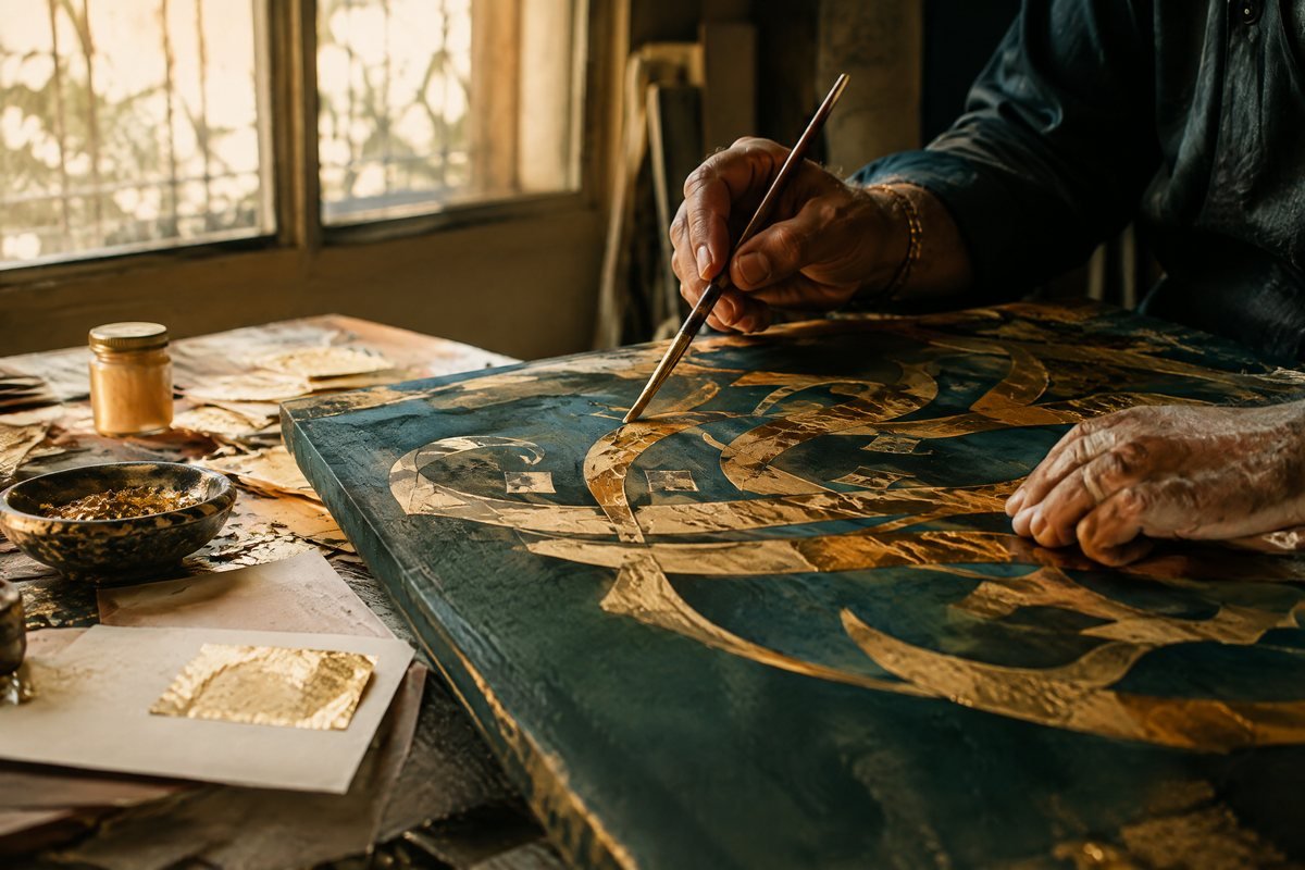 Calligrapher painting on canvas